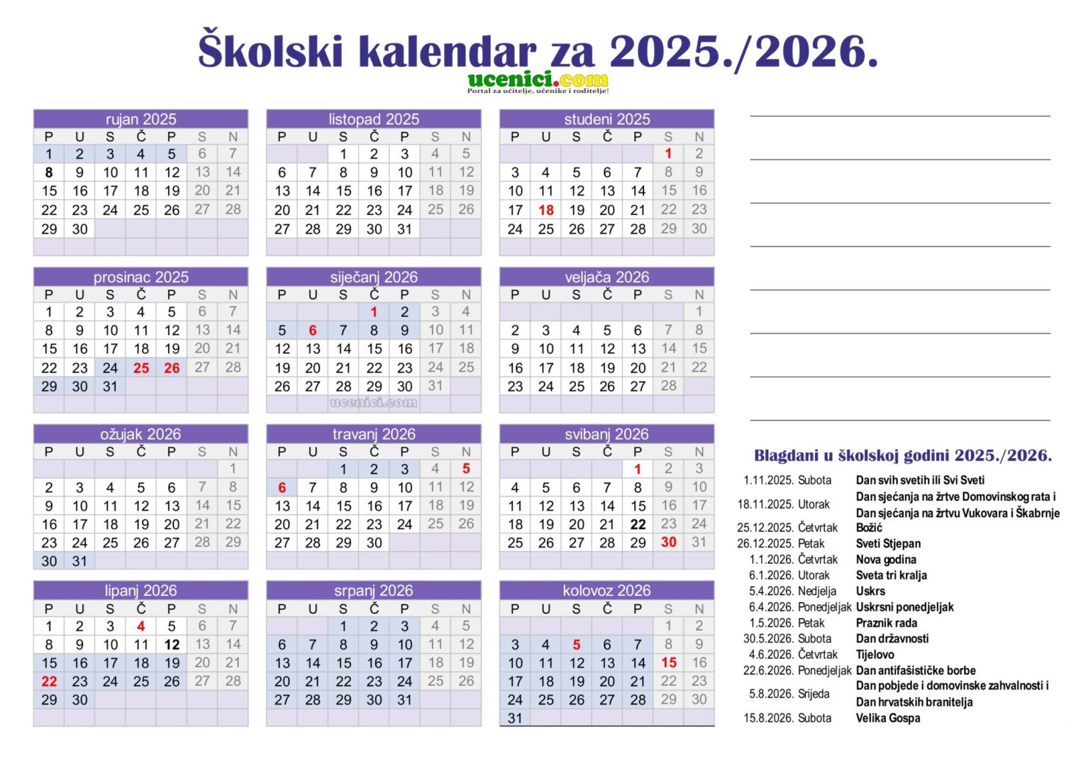 Školski kalendar 2024-2025